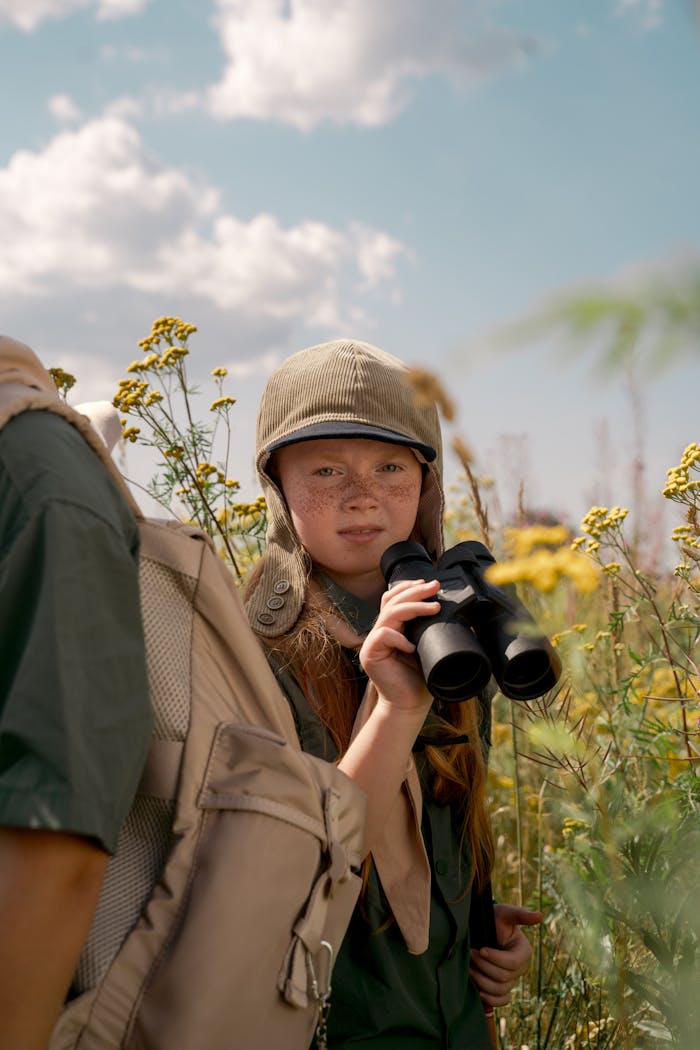 A young girl explores a sunny field with binoculars during a summer scouting adventure.